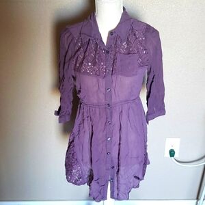 Free People floral lace tie waist button down tunic blouse